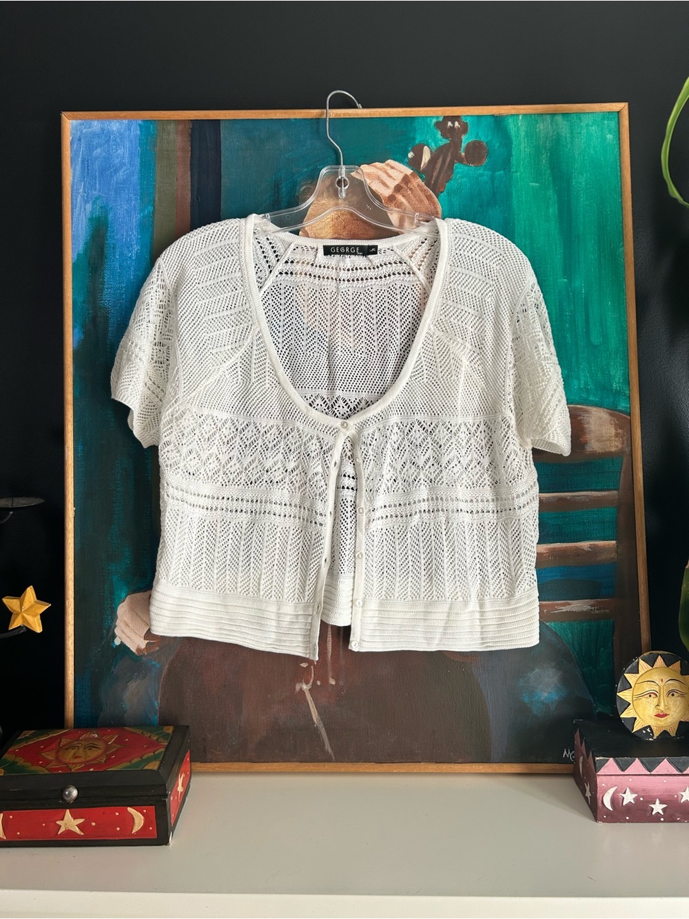 George White Open Knit Short Sleeve Cardigan Crochet Boho Cottagecore Size L